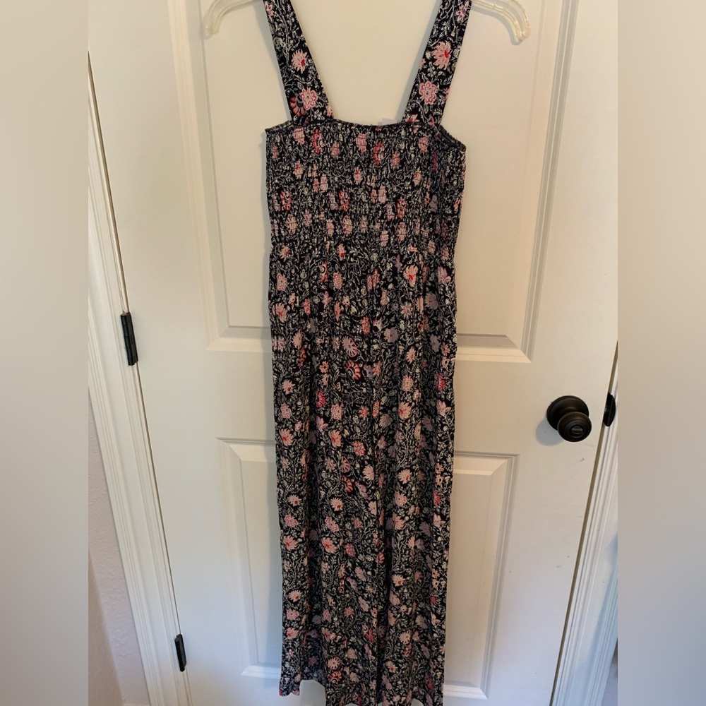 Loft Smocked Wide Leg Ankle Length Jumpsuit S NWT Black and Pink Floral